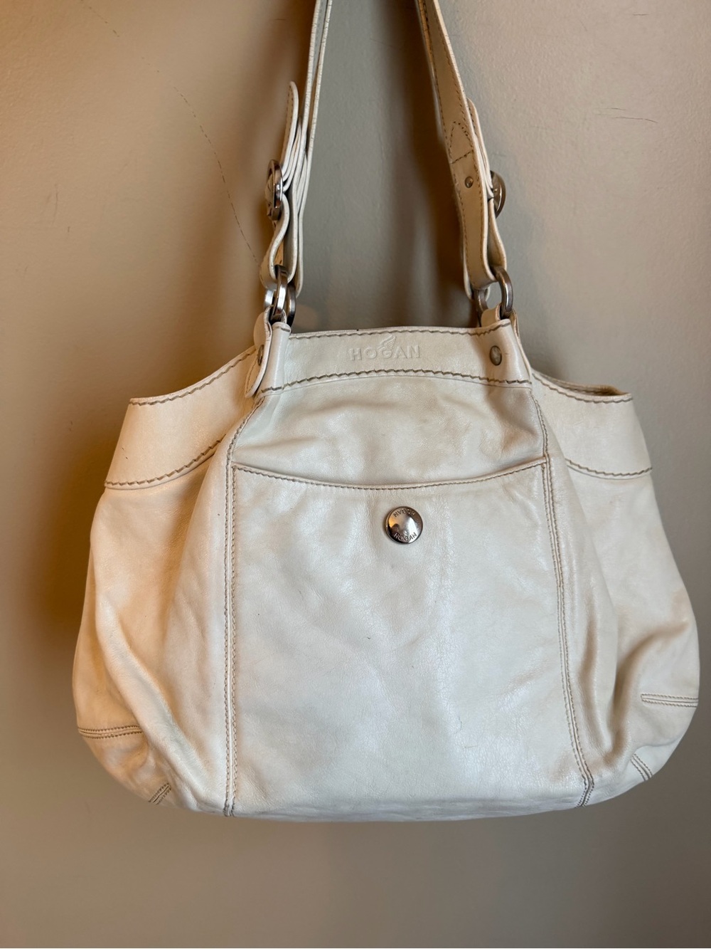 Hogan Leather Shoulder Bag Purse Off White Leather Italy Large Grungy Festival